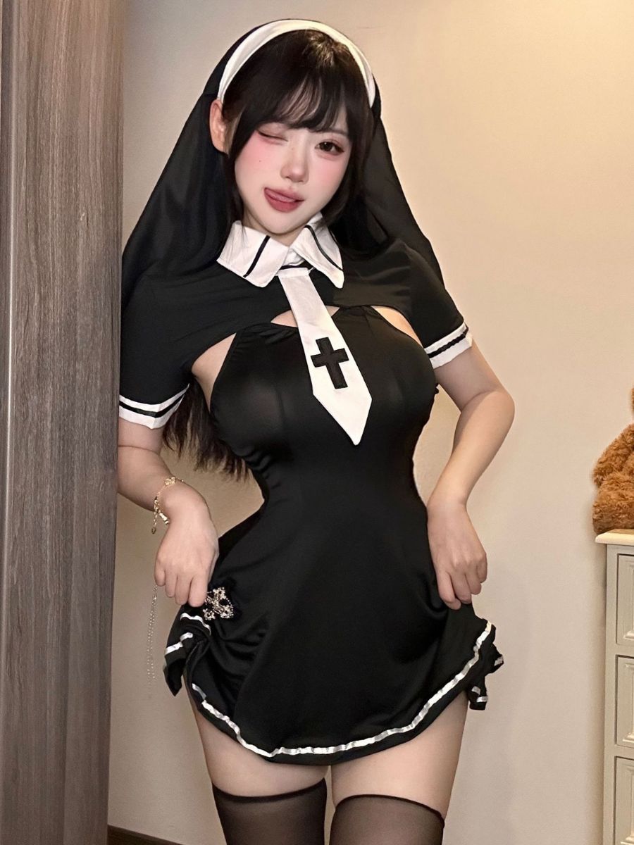 Sexy Nun Outfit Habit Nun Cosplay Costume Black Sister Nun Lingerie Dress