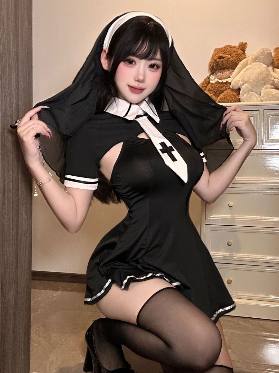 Sexy Nun Outfit Habit Nun Cosplay Costume Black Sister Nun Lingerie Dress