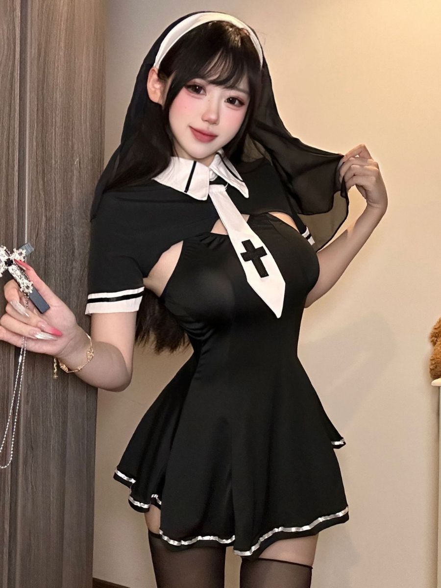 Sexy Nun Outfit Habit Nun Cosplay Costume Black Sister Nun Lingerie Dress