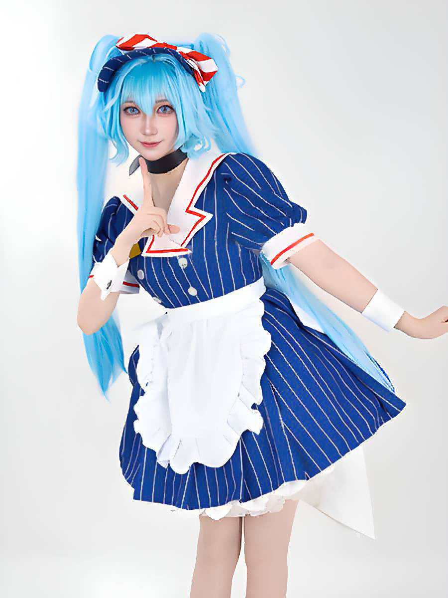 Blue Striped Maid Dress with Apron, Maid Costume / XL