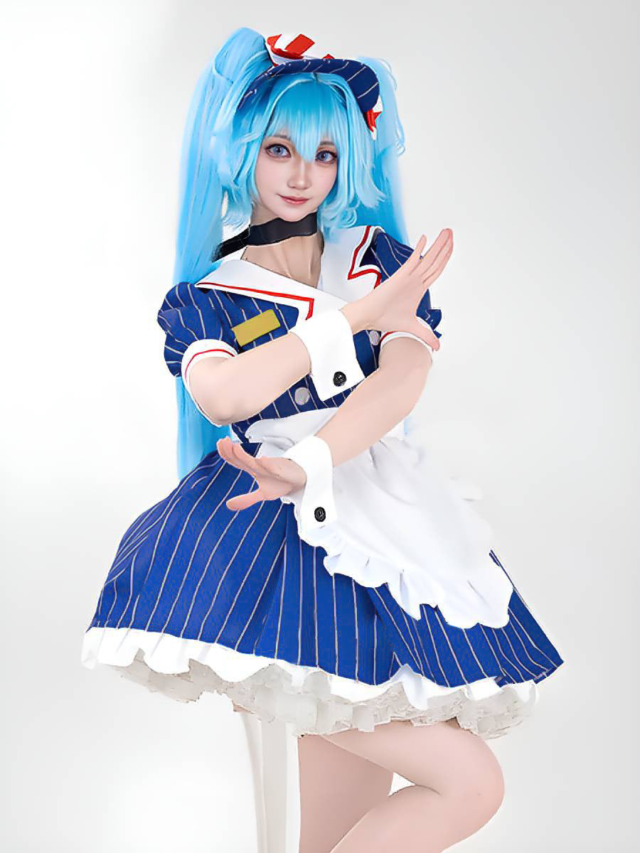 Blue Striped Maid Dress with Apron, Maid Costume / M