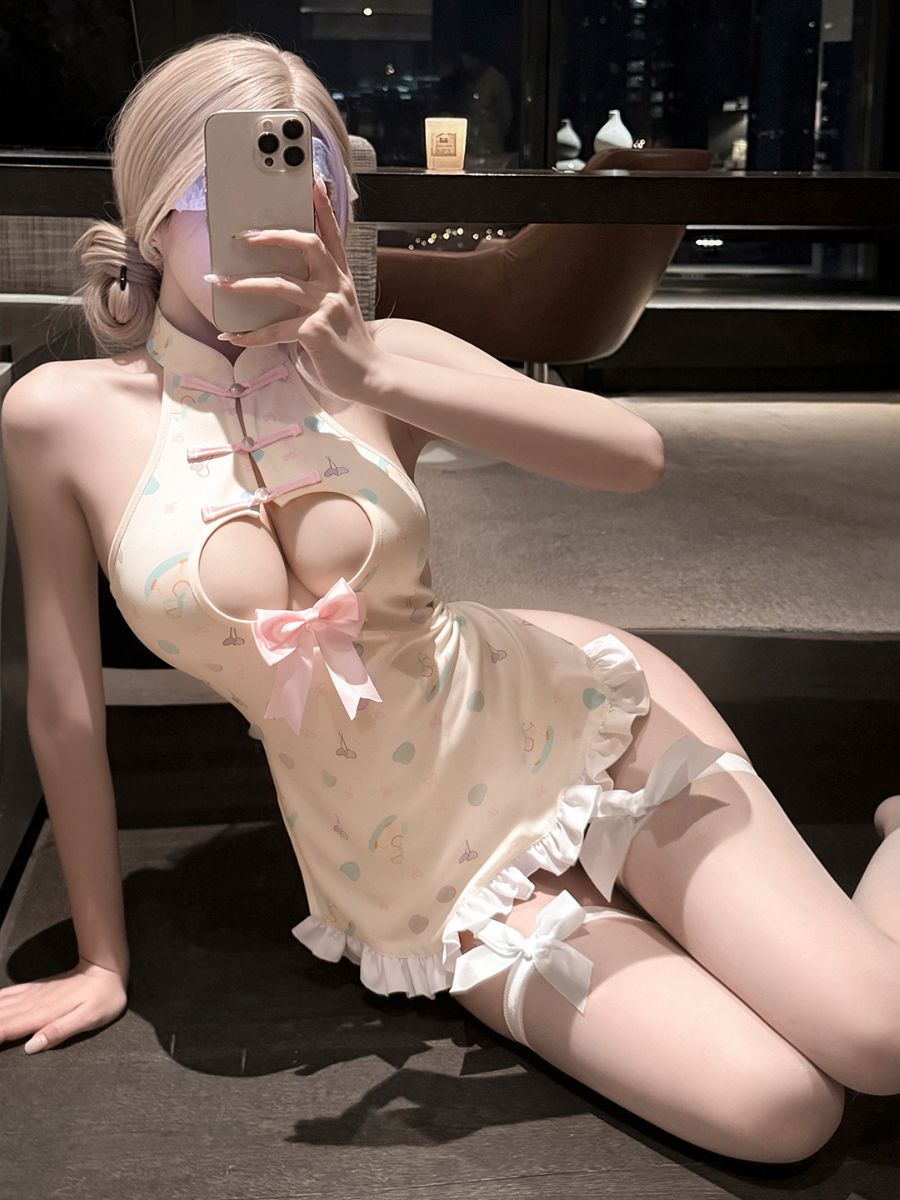 Anime Apron Style Cheongsam Lingerie Heart Cut-out Backless Qipao Dress