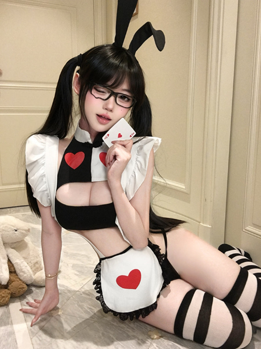 Queen of Hearts Bunny Maid Cosplay Lingerie Set Anime Clown Costume with Bunny Ears Headpiece