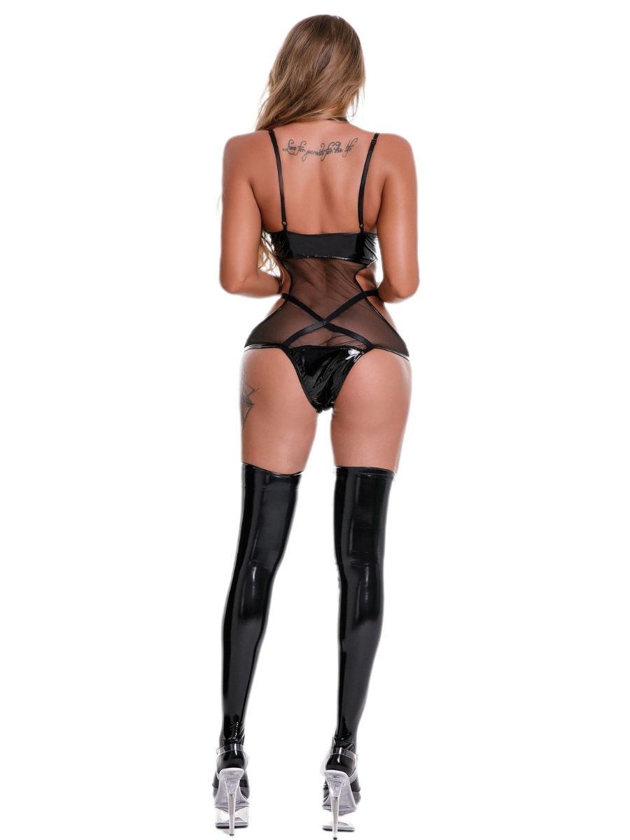 Patent Leather Cut Out Bodysuit Strappy One Piece Lingerie with Thigh High Stockings