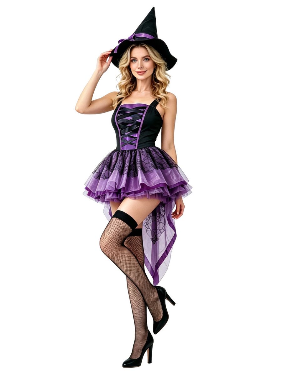 Sexy Witch Costume Set Purple Spiderweb High Low Tutu Dress with Witch Hat