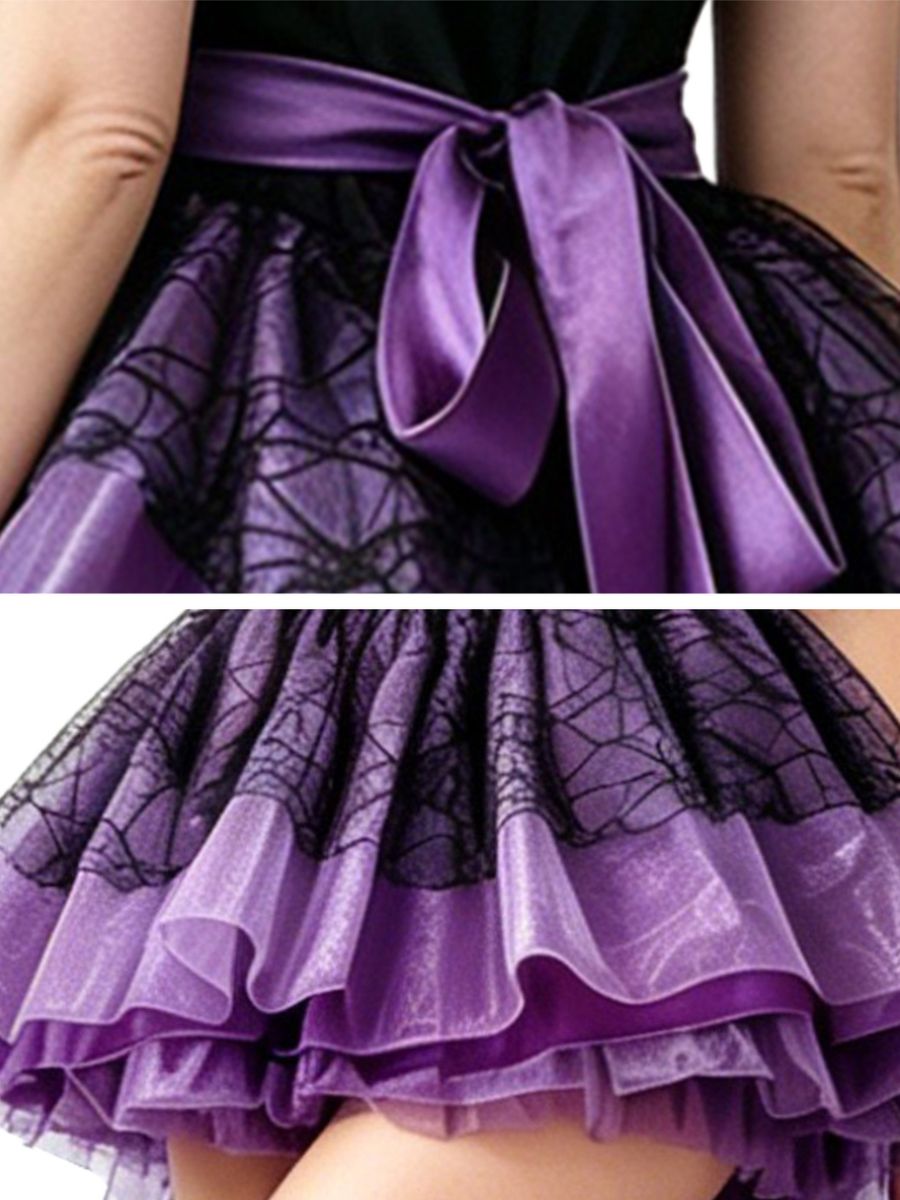Sexy Witch Costume Set Purple Spiderweb High Low Tutu Dress with Witch Hat