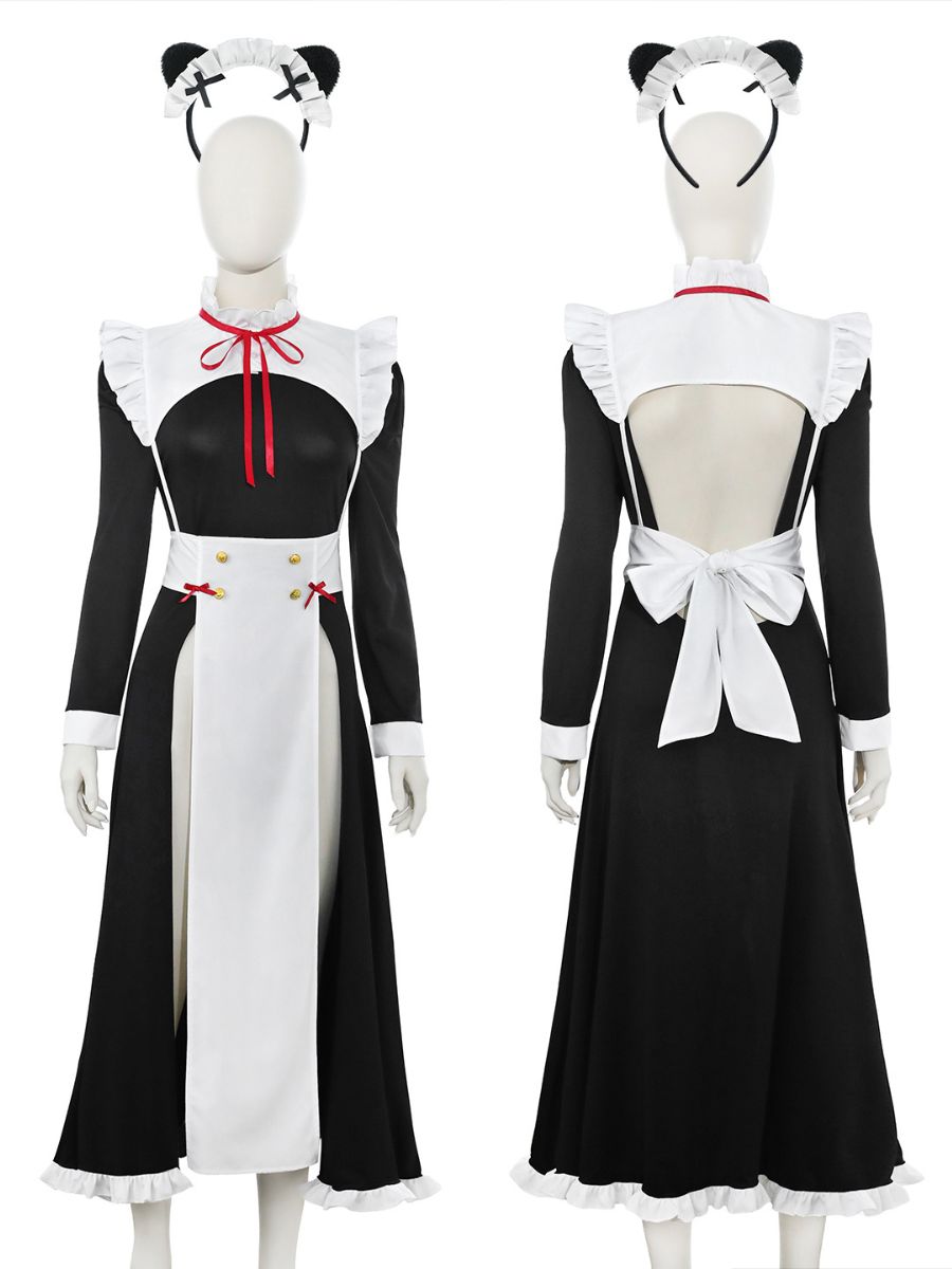 Anime Maid Cosplay Costume Sexy High Slit Black Maxi Dress and Maid Apron with Accessories 