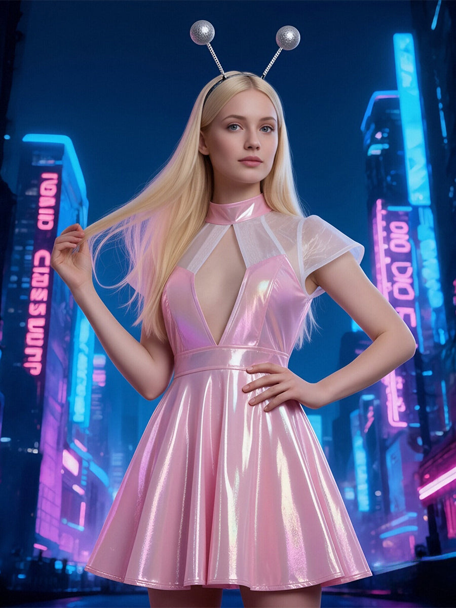 Holographic Alien Cosplay Mini Dress Metallic Pink Rave Outfit with Headband