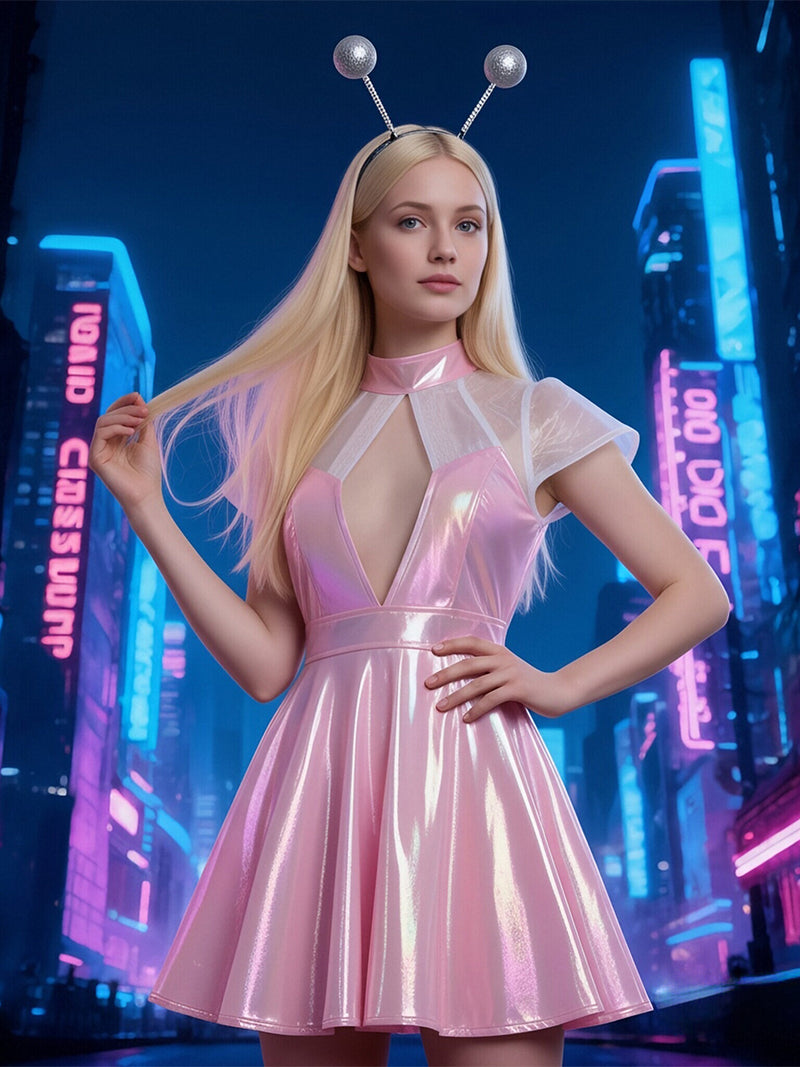 Holographic Alien Cosplay Mini Dress Metallic Pink Rave Outfit with Headband