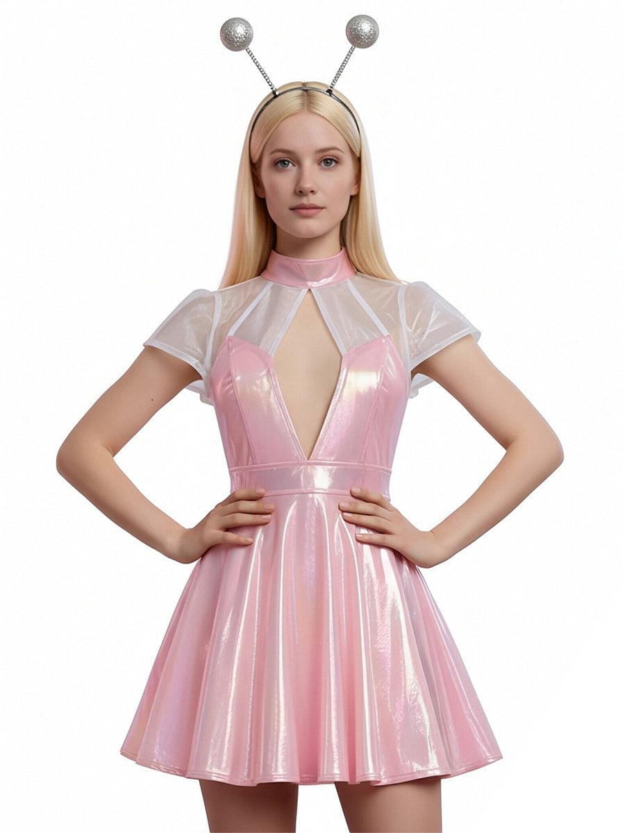 Holographic Alien Cosplay Mini Dress Metallic Pink Rave Outfit with Headband