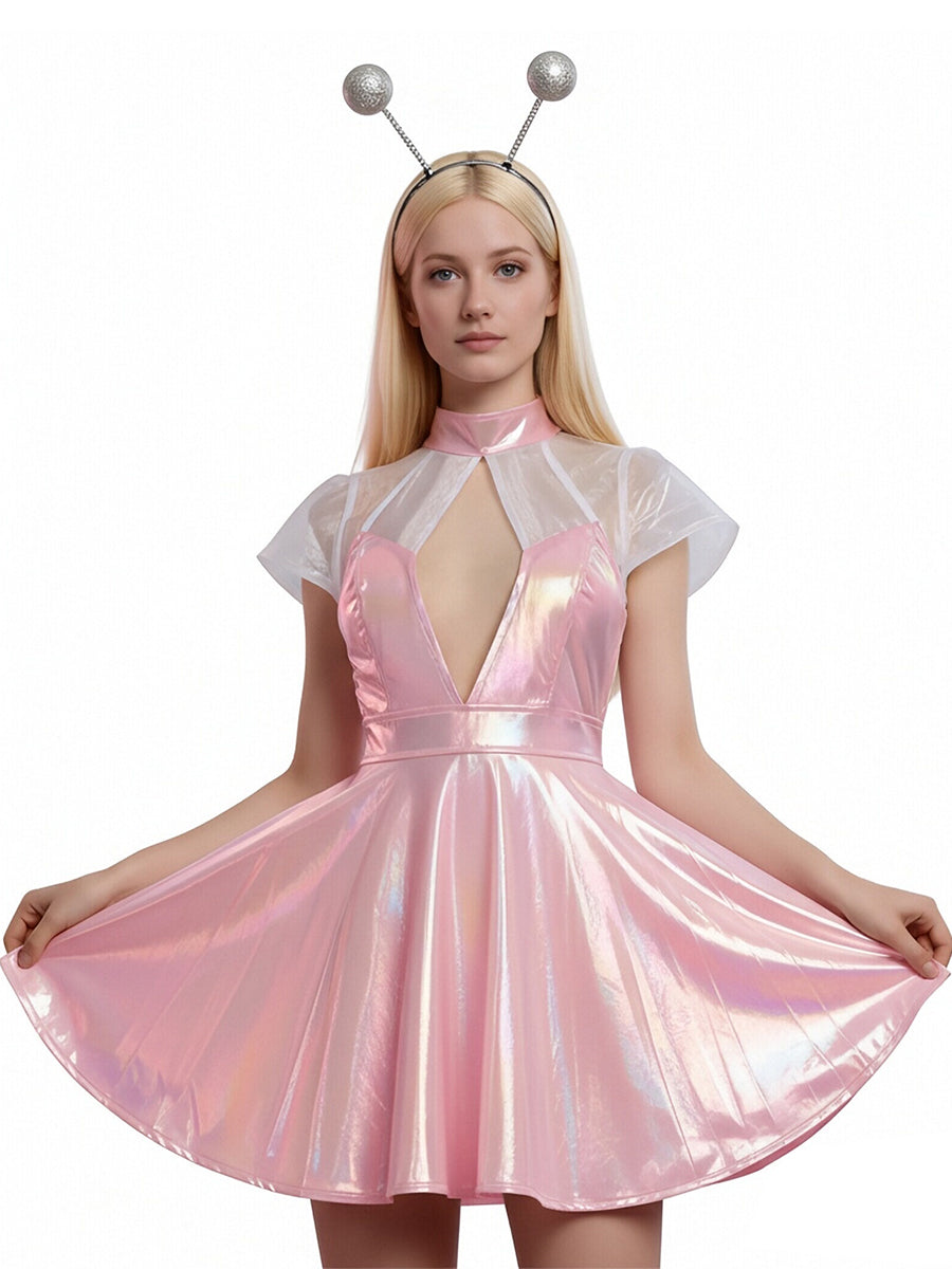 Holographic Alien Cosplay Mini Dress Metallic Pink Rave Outfit with Headband