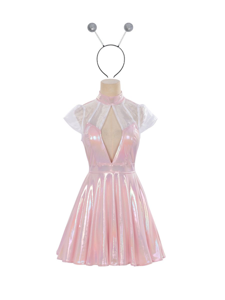 Holographic Alien Cosplay Mini Dress Metallic Pink Rave Outfit with Headband