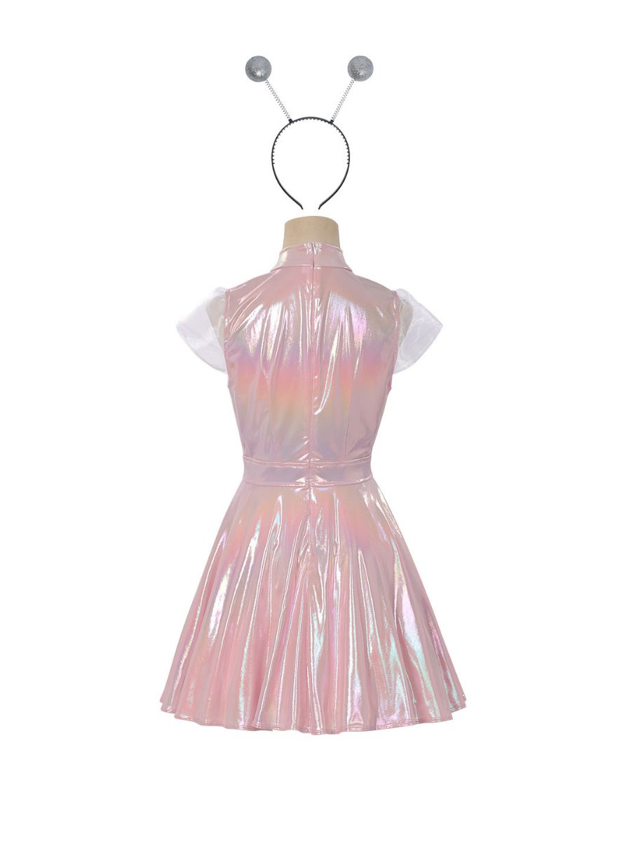 Holographic Alien Cosplay Mini Dress Metallic Pink Rave Outfit with Headband