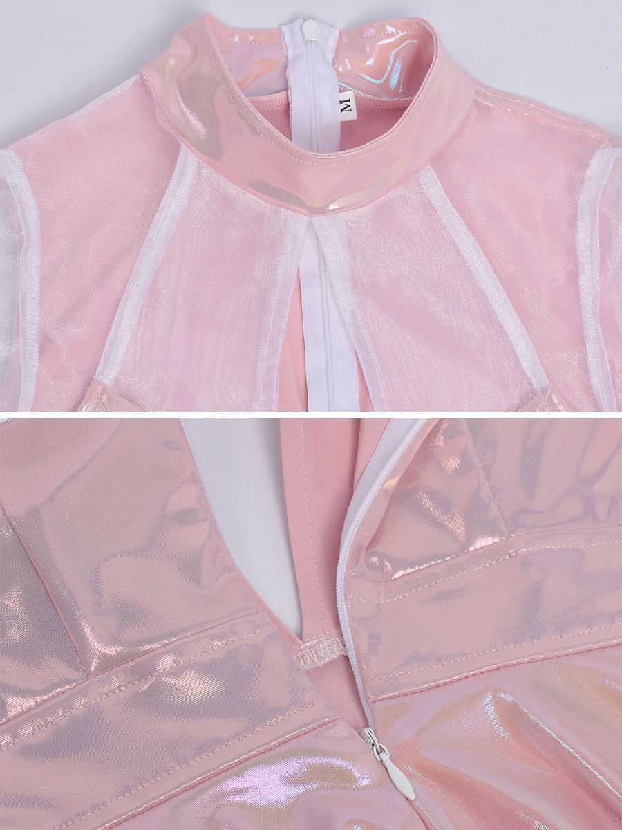 Holographic Alien Cosplay Mini Dress Metallic Pink Rave Outfit with Headband