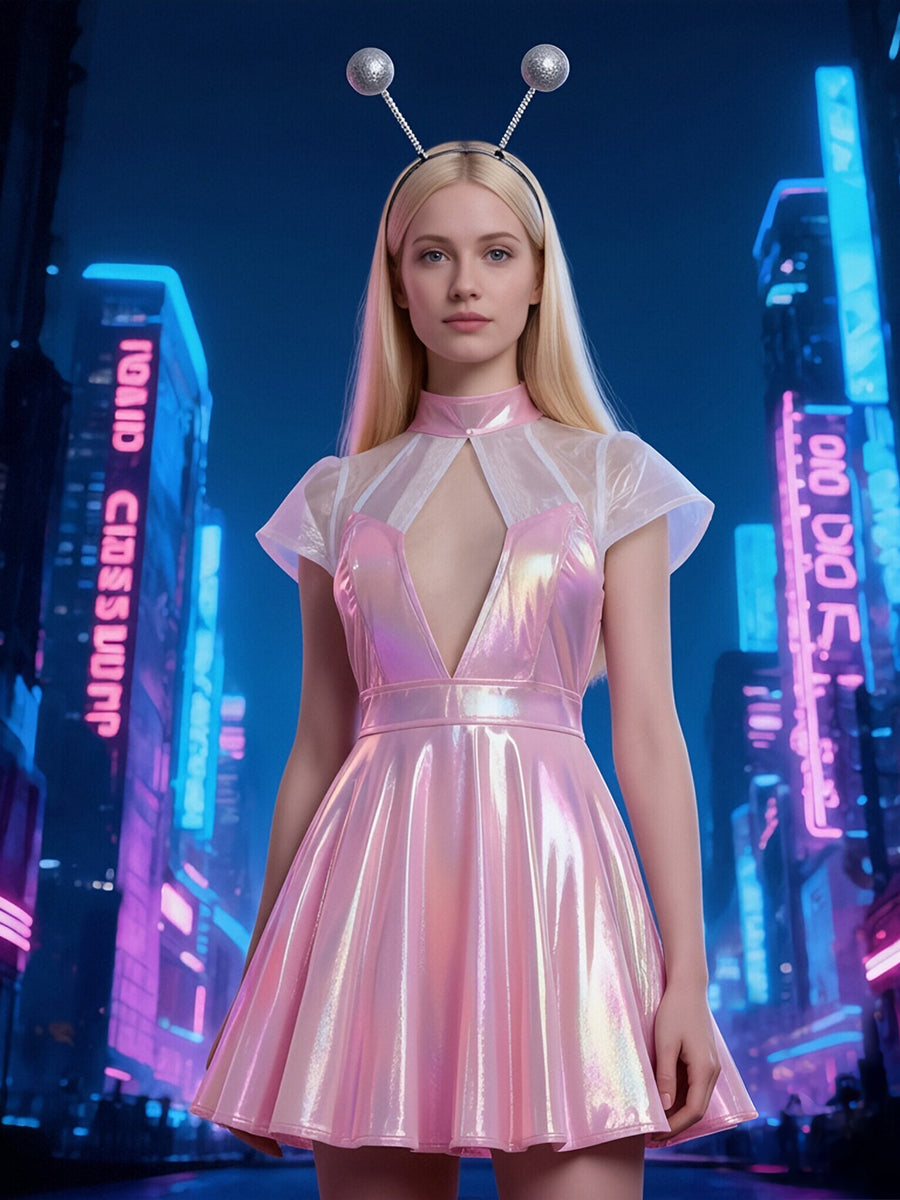 Holographic Alien Cosplay Mini Dress Metallic Pink Rave Outfit with Headband