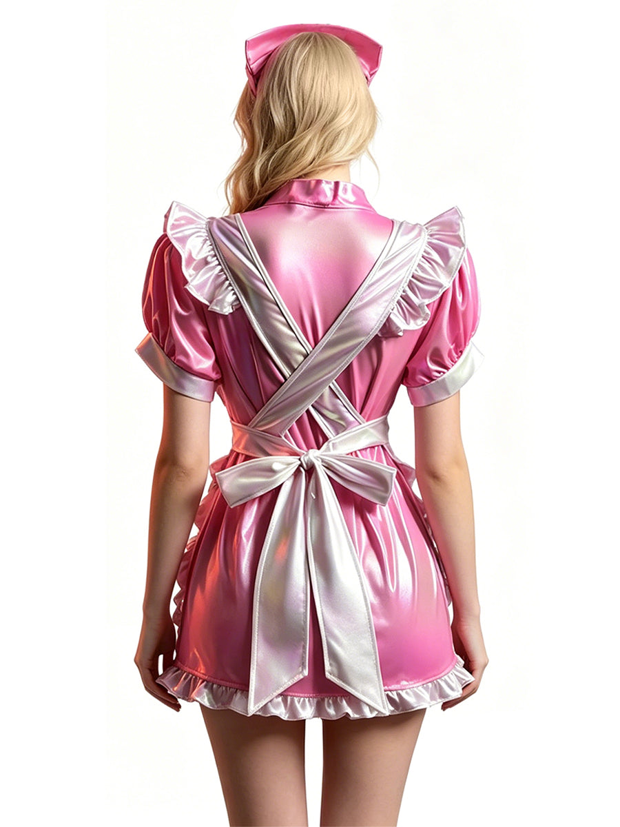 Holographic Nurse Cosplay Costume Pink Faux Leather Nurse Uniform Set
