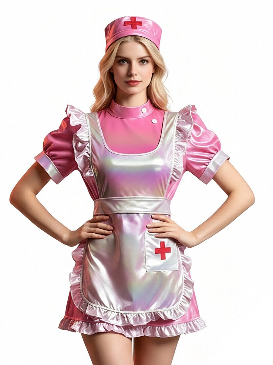 Holographic Nurse Cosplay Costume Pink Faux Leather Nurse Uniform Set