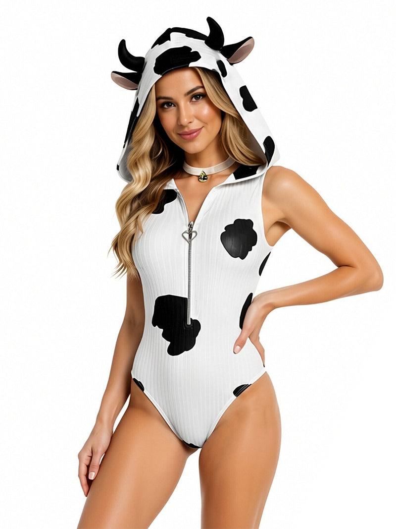 Anime Cow Print Cosplay Costume Sexy Hooded Zipper Ribbed Bodysuit Set