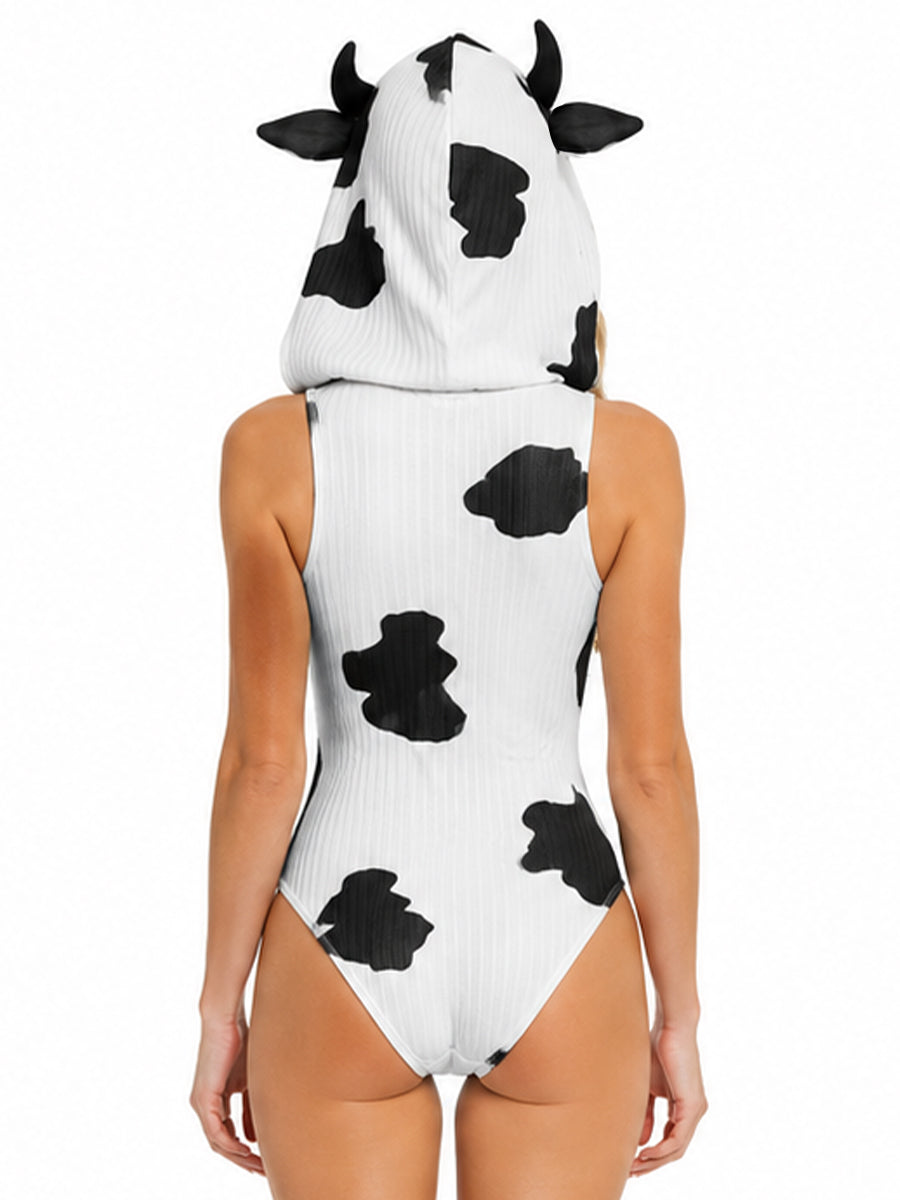 Anime Cow Print Cosplay Costume Sexy Hooded Zipper Ribbed Bodysuit Set