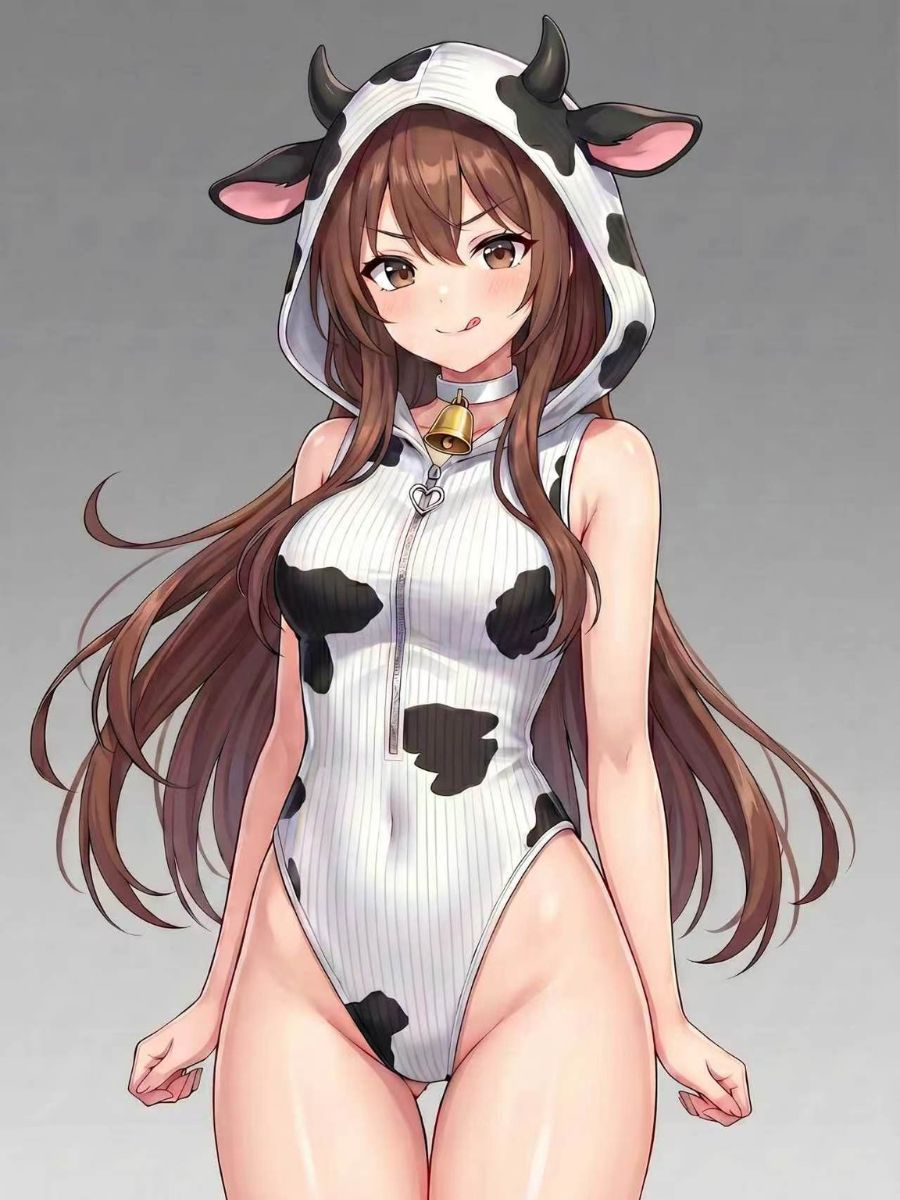 Anime Cow Print Cosplay Costume Sexy Hooded Zipper Ribbed Bodysuit Set