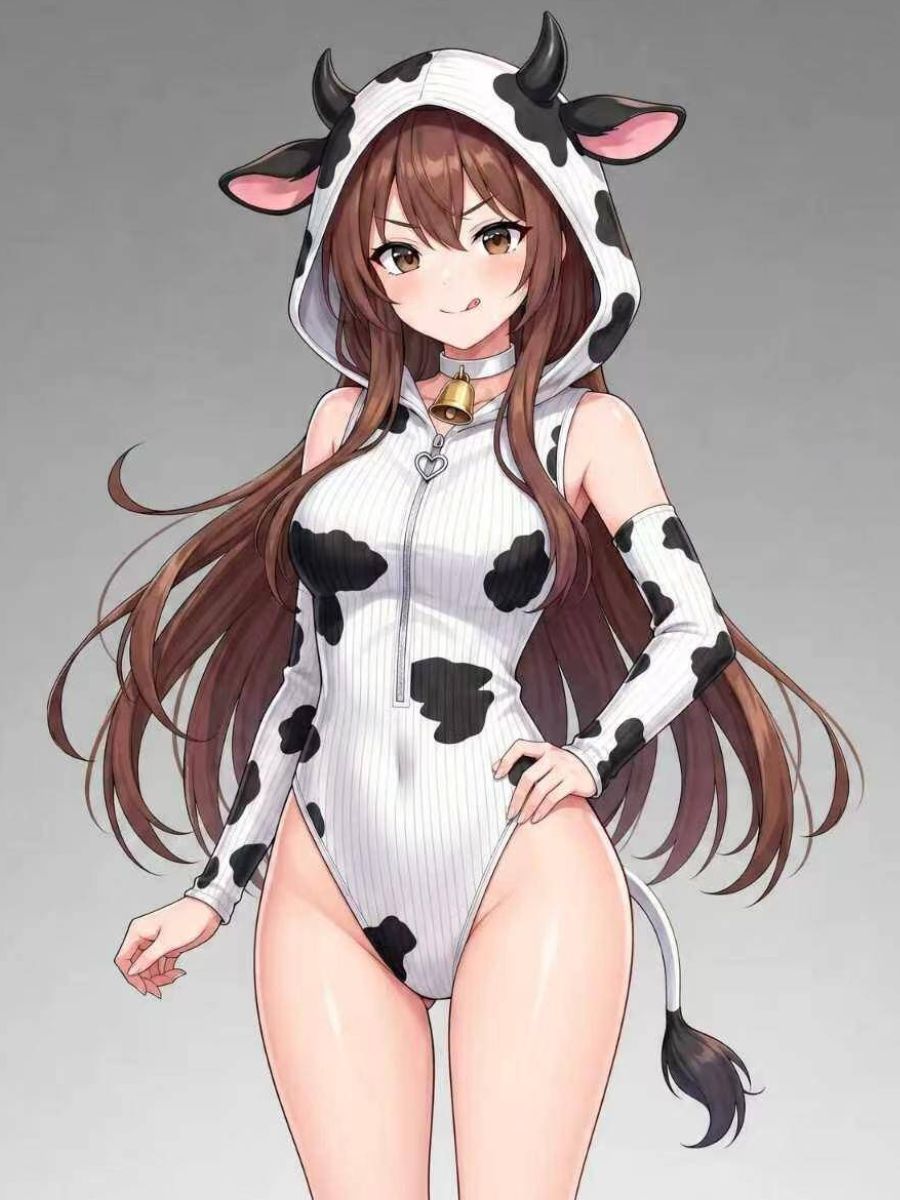 Anime Cow Print Cosplay Costume Sexy Hooded Zipper Ribbed Bodysuit Set