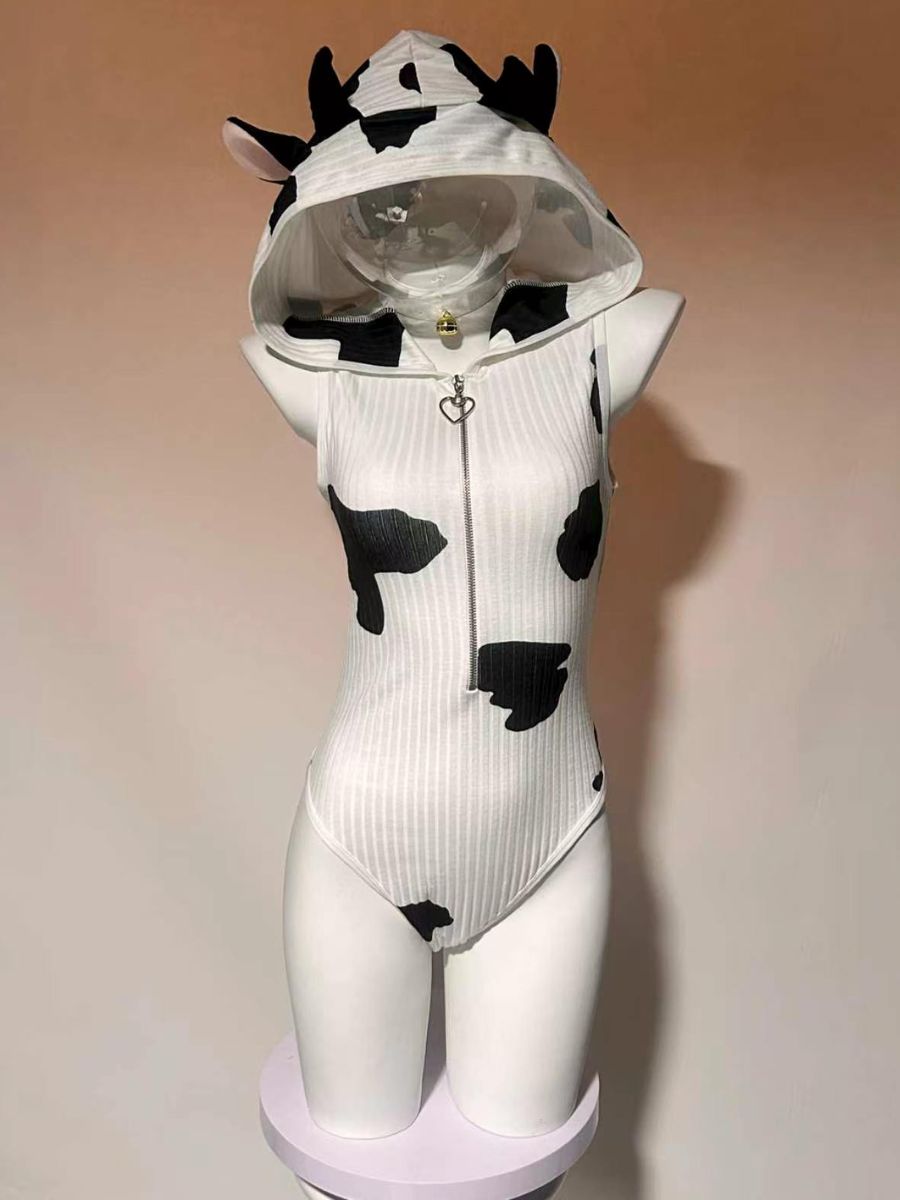 Anime Cow Print Cosplay Costume Sexy Hooded Zipper Ribbed Bodysuit Set