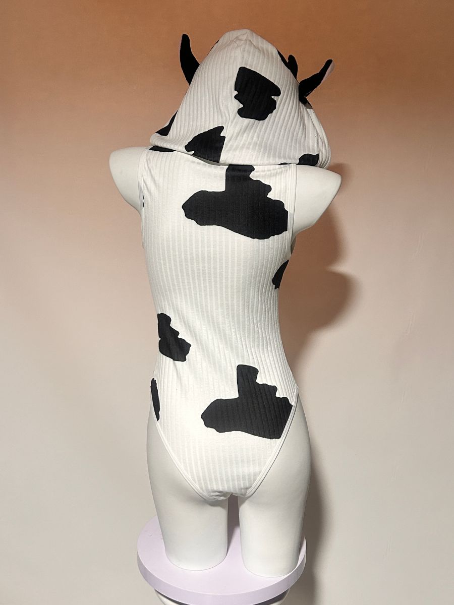 Anime Cow Print Cosplay Costume Sexy Hooded Zipper Ribbed Bodysuit Set