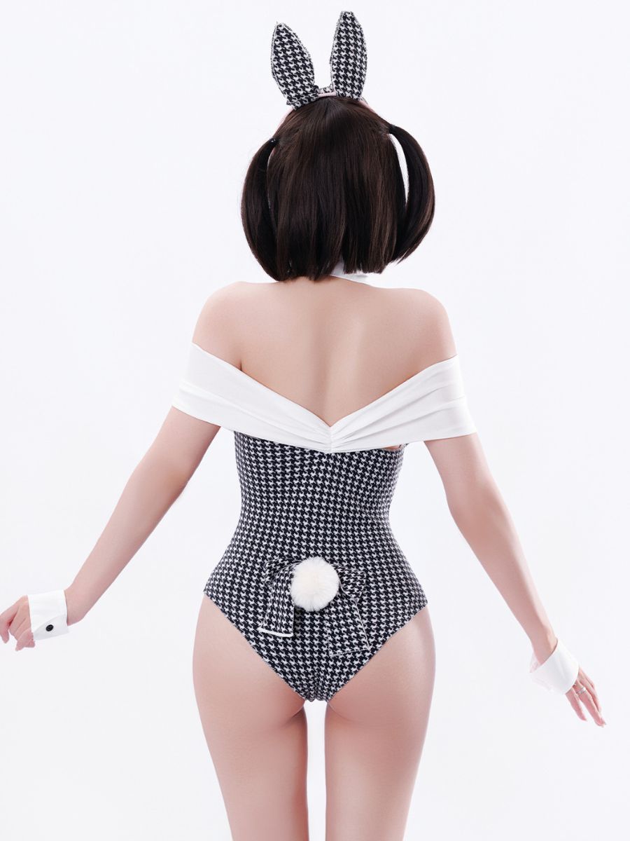 Retro Houndstooth Bunny Girl Cosplay Sexy Halter Neck Tuxedo Bodysuit Lingerie Set