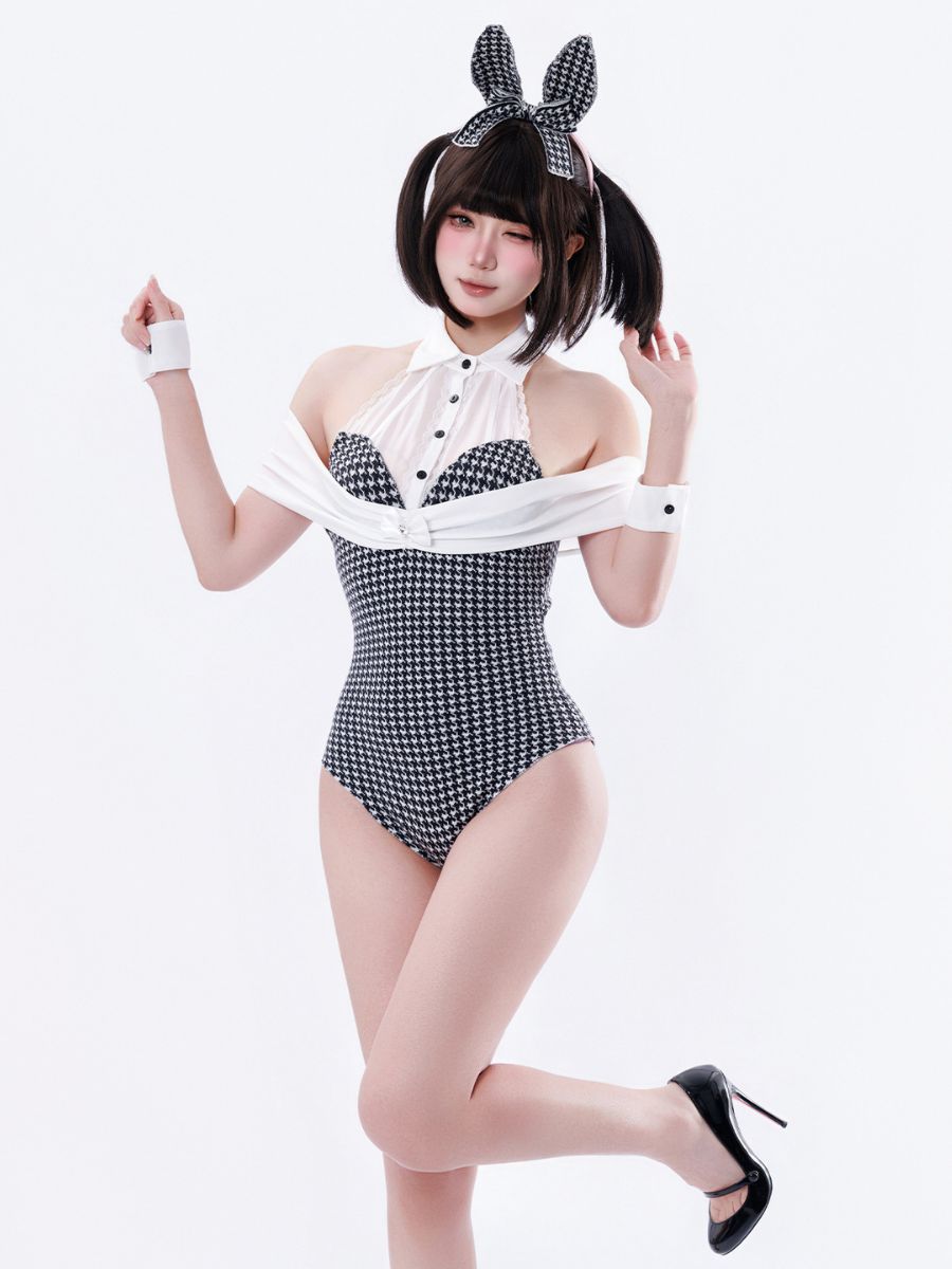 Retro Houndstooth Bunny Girl Cosplay Sexy Halter Neck Tuxedo Bodysuit Lingerie Set 