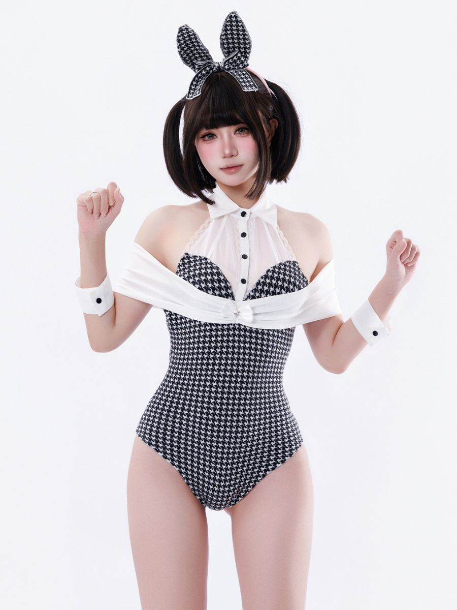 Retro Houndstooth Bunny Girl Cosplay Sexy Halter Neck Tuxedo Bodysuit Lingerie Set