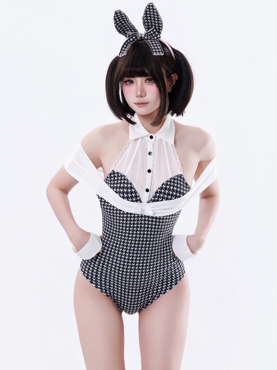 Retro Houndstooth Bunny Girl Cosplay Sexy Halter Neck Tuxedo Bodysuit Lingerie Set