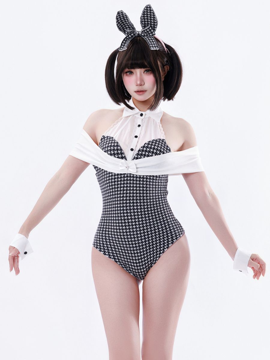 Retro Houndstooth Bunny Girl Cosplay Sexy Halter Neck Tuxedo Bodysuit Lingerie Set 