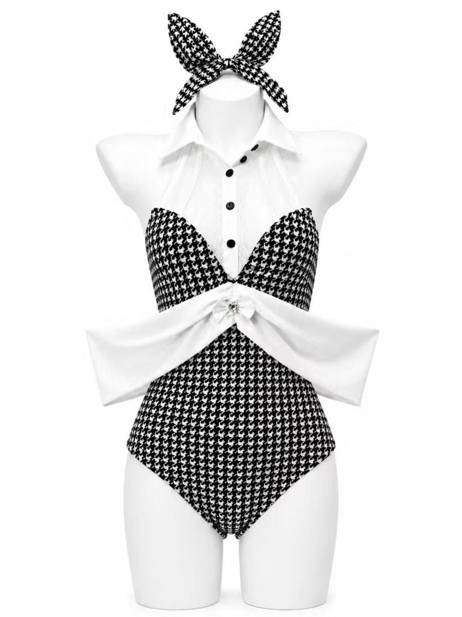 Retro Houndstooth Bunny Girl Cosplay Sexy Halter Neck Tuxedo Bodysuit Lingerie Set 