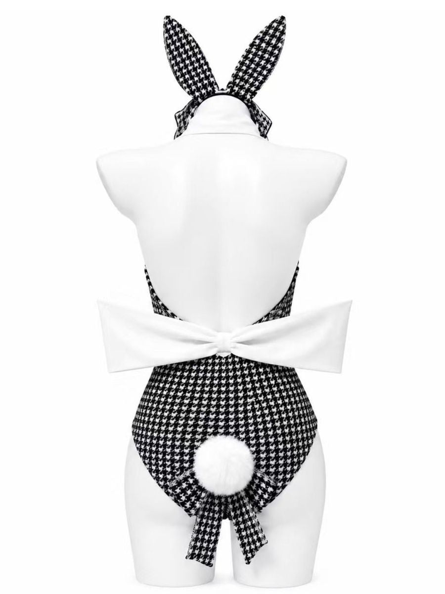 Retro Houndstooth Bunny Girl Cosplay Sexy Halter Neck Tuxedo Bodysuit Lingerie Set 