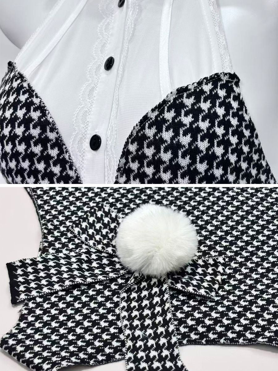 Retro Houndstooth Bunny Girl Cosplay Sexy Halter Neck Tuxedo Bodysuit Lingerie Set 
