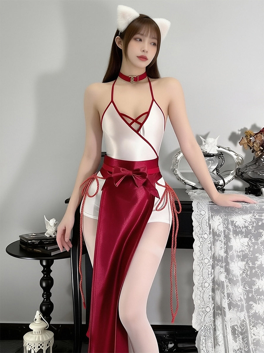 Japanese Style Cosplay Outfit Anime Shrine Maiden  High Cut Bodysuit with Removable Satin Skirt