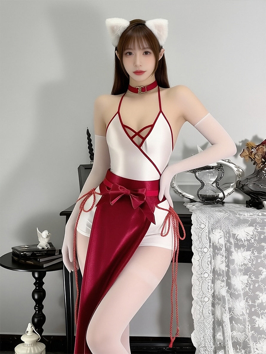 Japanese Style Cosplay Outfit Anime Shrine Maiden  High Cut Bodysuit with Removable Satin Skirt