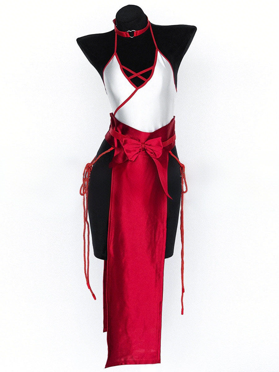 Japanese Style Cosplay Outfit Anime Shrine Maiden  High Cut Bodysuit with Removable Satin Skirt
