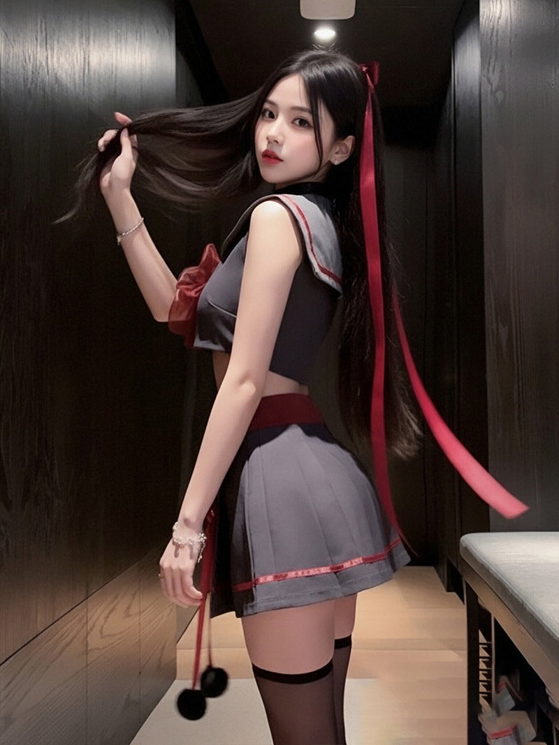 Japanese Schoolgirl Lingerie Set Anime Sailor Collar Crop Top and Pleated Mini Skirt Costume