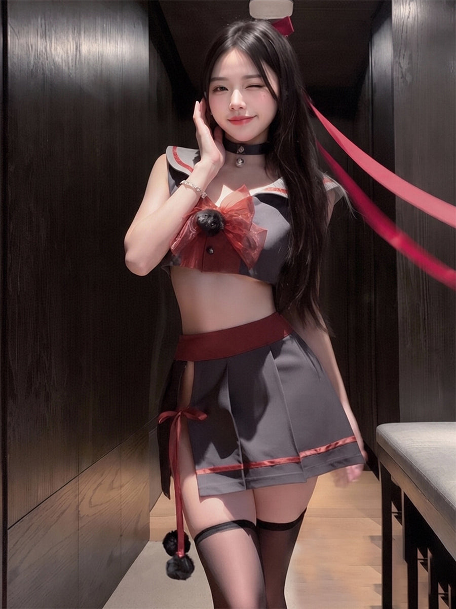 Japanese Schoolgirl Lingerie Set Anime Sailor Collar Crop Top and Pleated Mini Skirt Costume