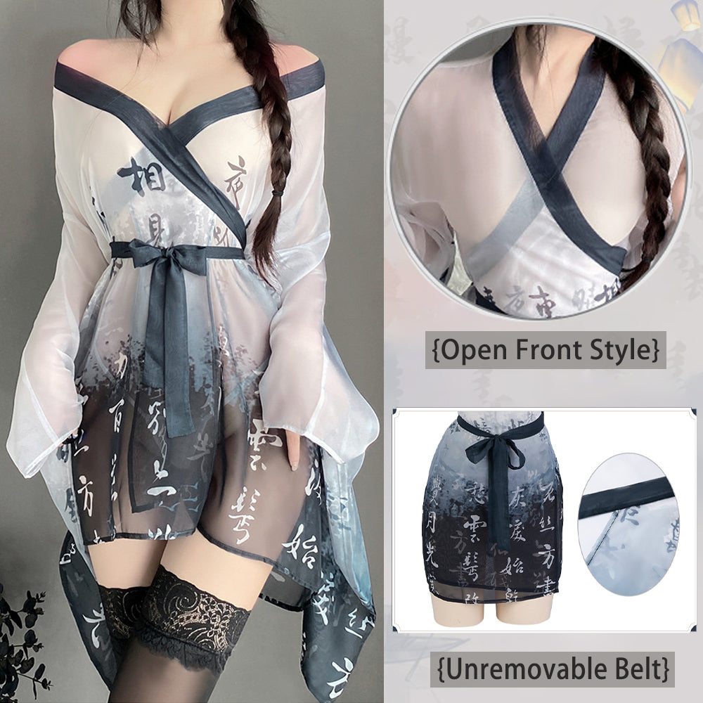 Yomorio Sexy Kimono Robes Asian Cosplay Lingerie Chinese Character Print Anime Outfits