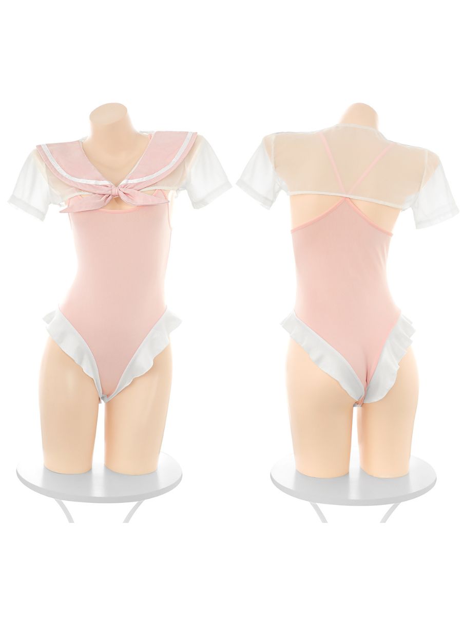 Japanese School Bodysuit Lingerie Pink High Cut Teddy with Sheer Sailor Shrug