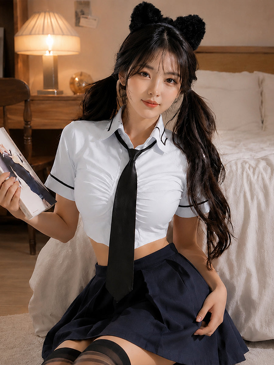 Japanese Schoolgirl Uniform Anime JK Cropped Shirt and Pleated Skirt Costume