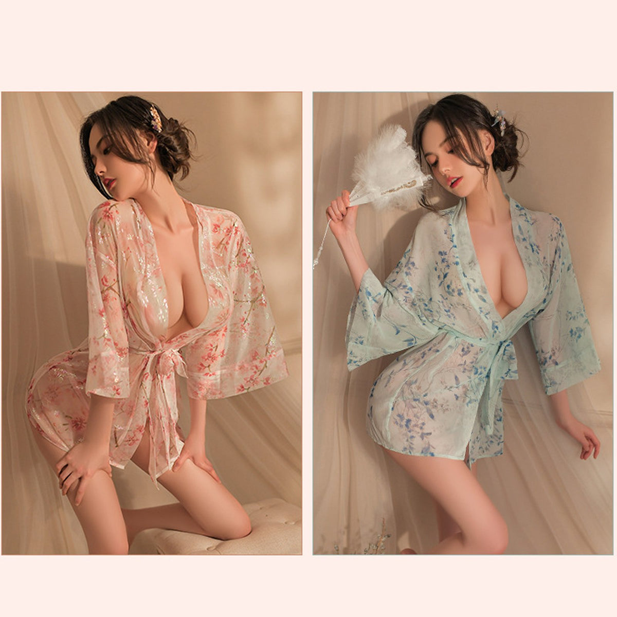 Yomorio Japanese Kimono Robes Anime Geisha Cosplay Lingerie V Neck Floral Print Dress