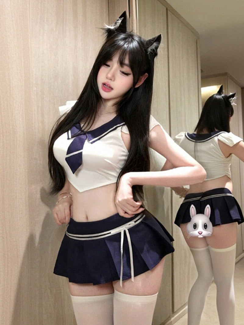 Japanese School Girl Cosplay Costume Set Navy Blue Sailor Cropped Top and Pleated Mini Skirt 