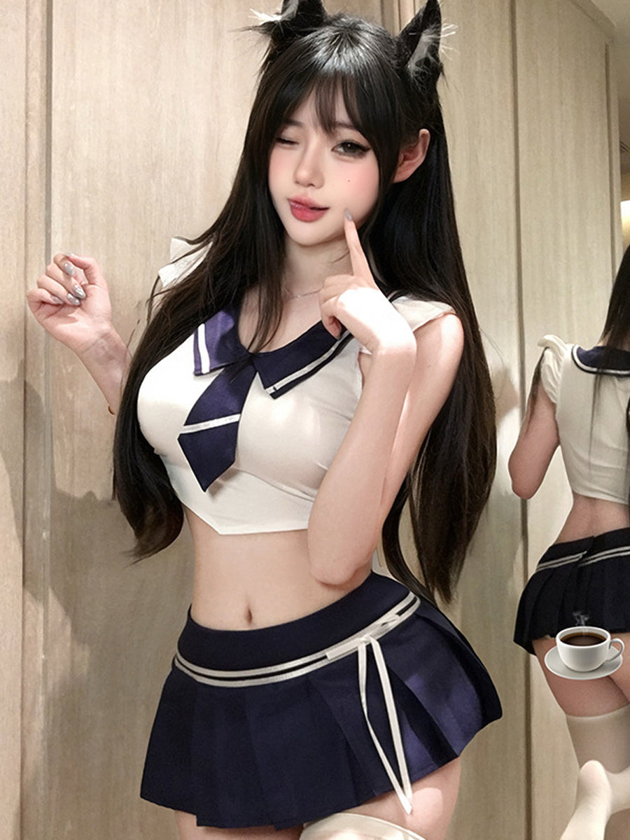 Japanese School Girl Cosplay Costume Set Navy Blue Sailor Cropped Top and Pleated Mini Skirt 