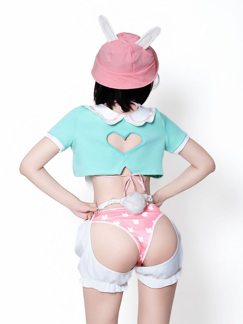 Kawaii Bunny Girl Cosplay Set Anime Crop Top and Pumpkin Shorts with Sun Hat and Bikini Set