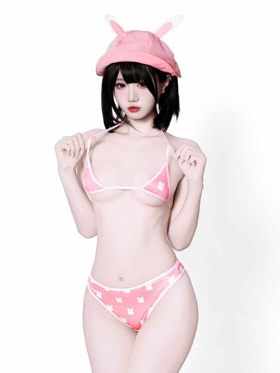 Kawaii Bunny Girl Cosplay Set Anime Crop Top and Pumpkin Shorts with Sun Hat and Bikini Set