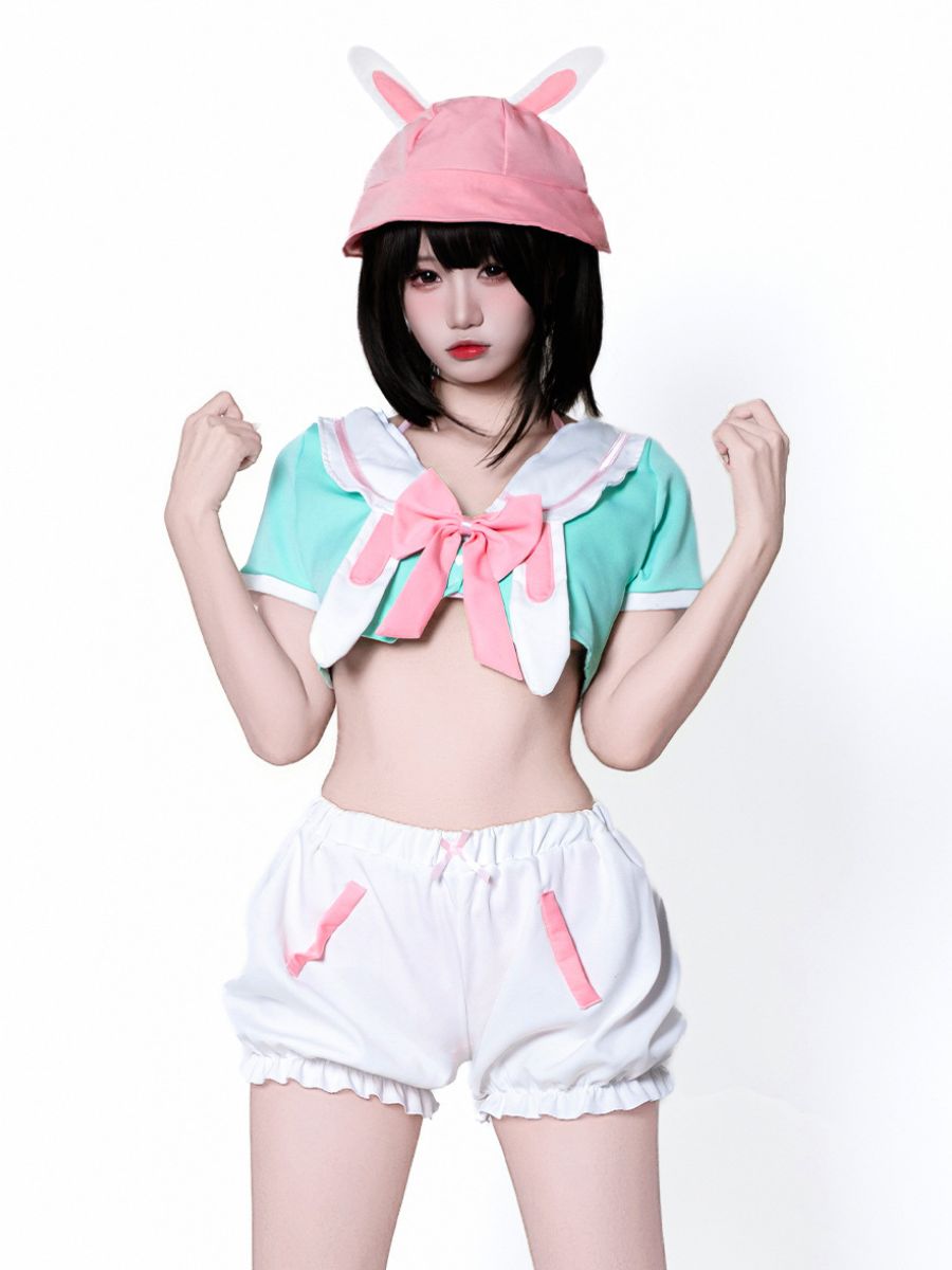 Kawaii Bunny Girl Cosplay Set Anime Crop Top and Pumpkin Shorts with Sun Hat and Bikini Set