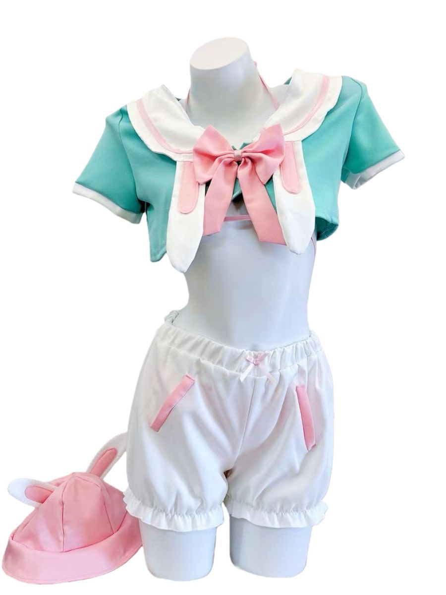 Kawaii Bunny Girl Cosplay Set Anime Crop Top and Pumpkin Shorts with Sun Hat and Bikini Set